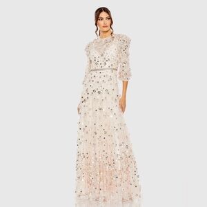 Mac Duggal 93805 NWT Floral Applique Puff Sleeve High Neck A-Line Gown